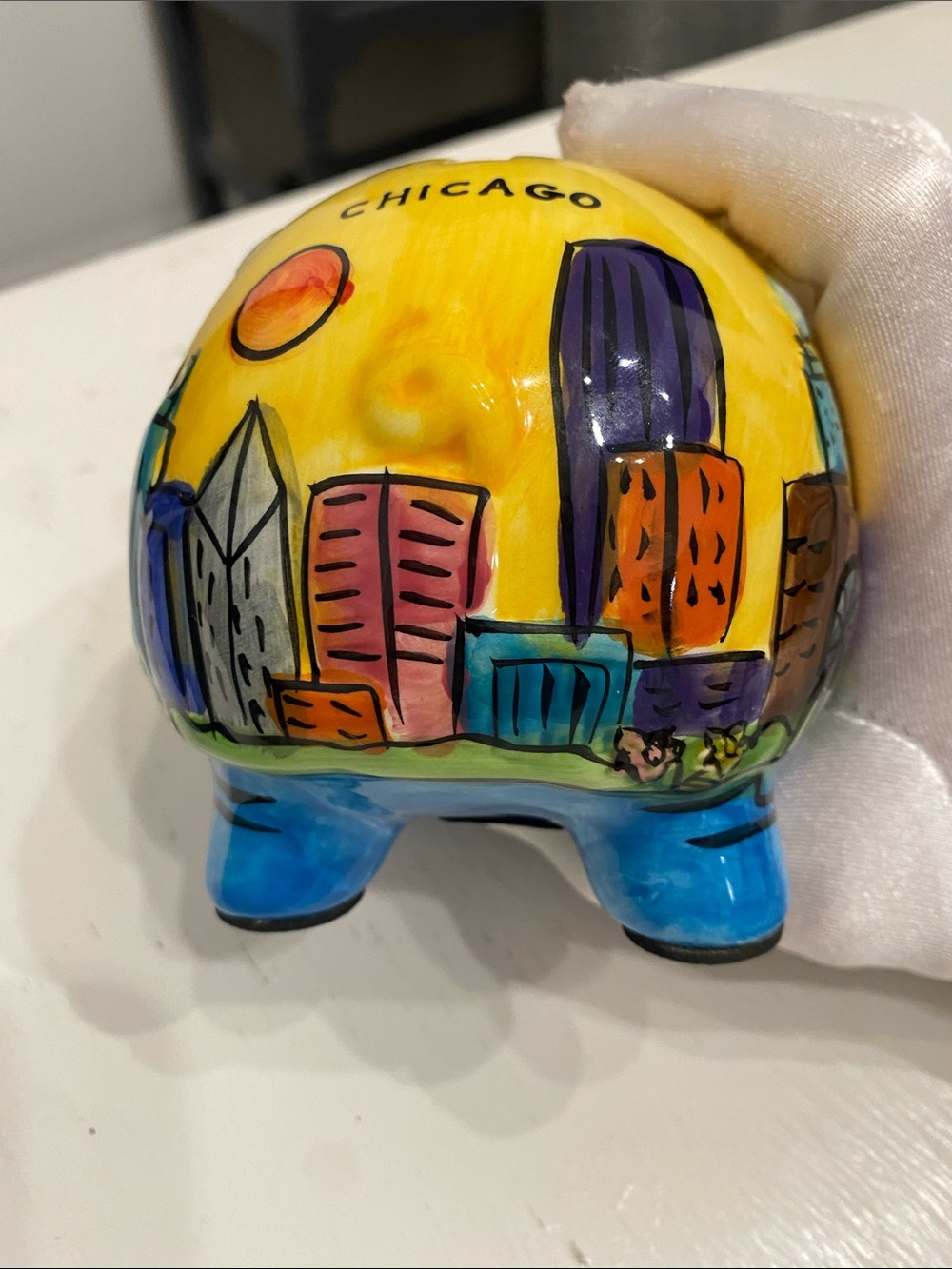 Vintage Ceramic Hand-Painted Yellow Chicago Cityscape Skyline Piggy Bank - Picture 13 of 16